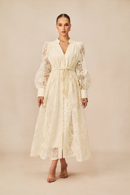 Madeline V-Neck Lace Embroidered Midi Dress