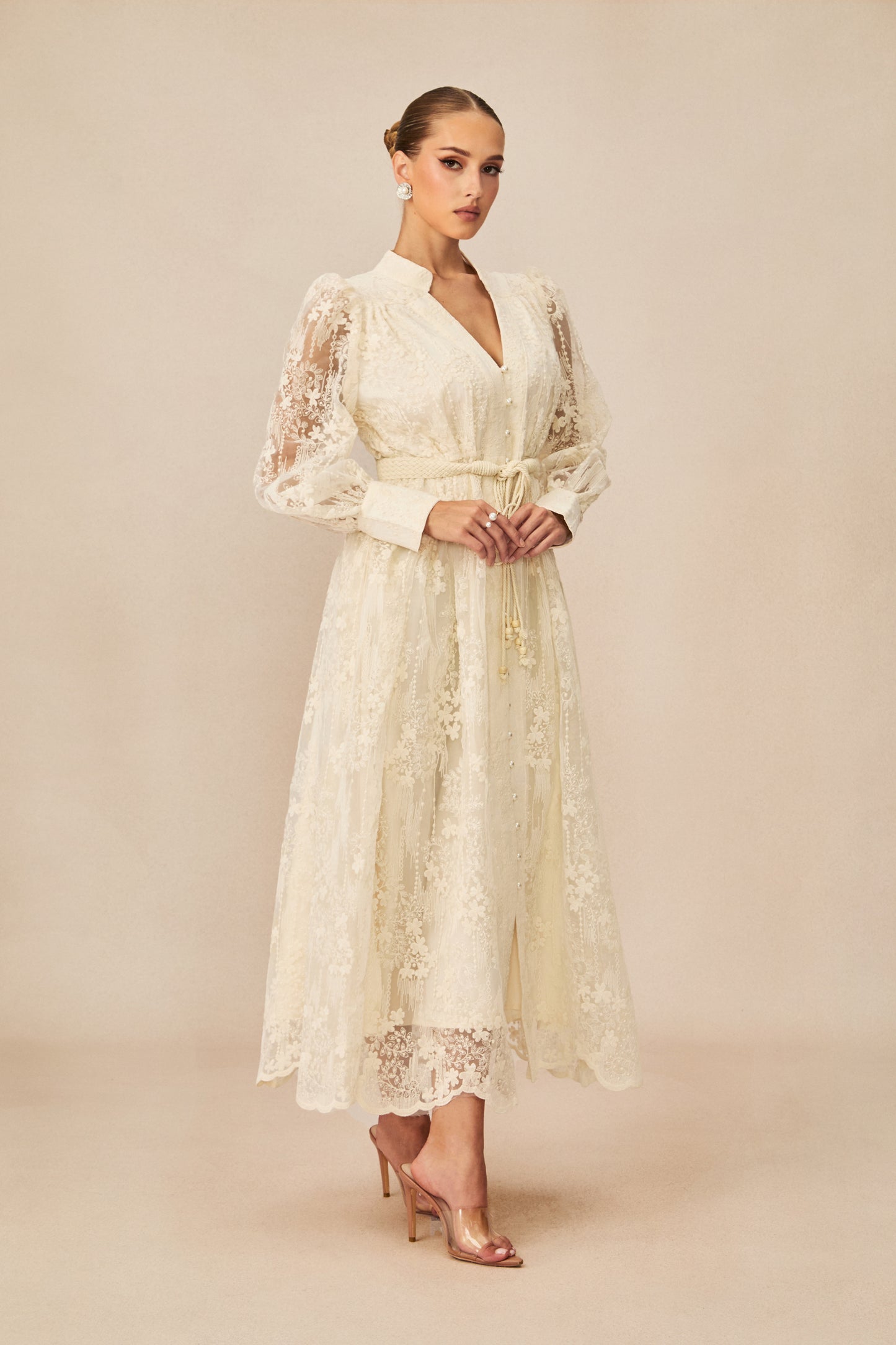 Madeline V-Neck Lace Embroidered Midi Dress