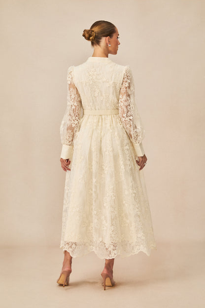 Madeline V-Neck Lace Embroidered Midi Dress