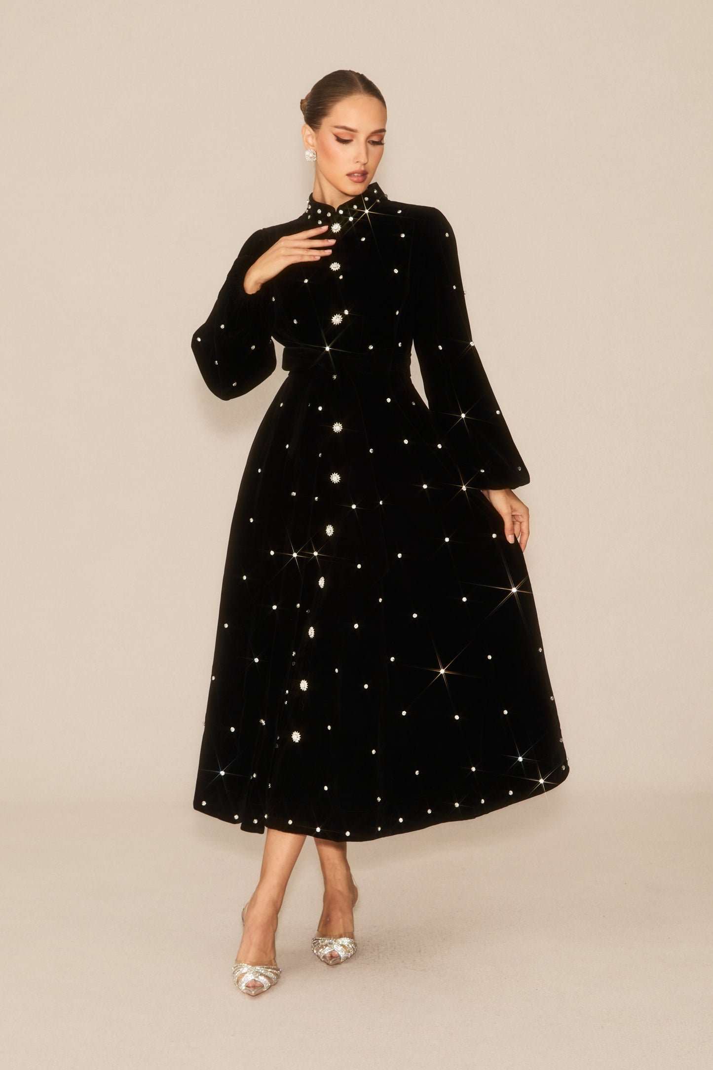Luxe Possibilities Black Crystal Embellished Velvet Midi Dress