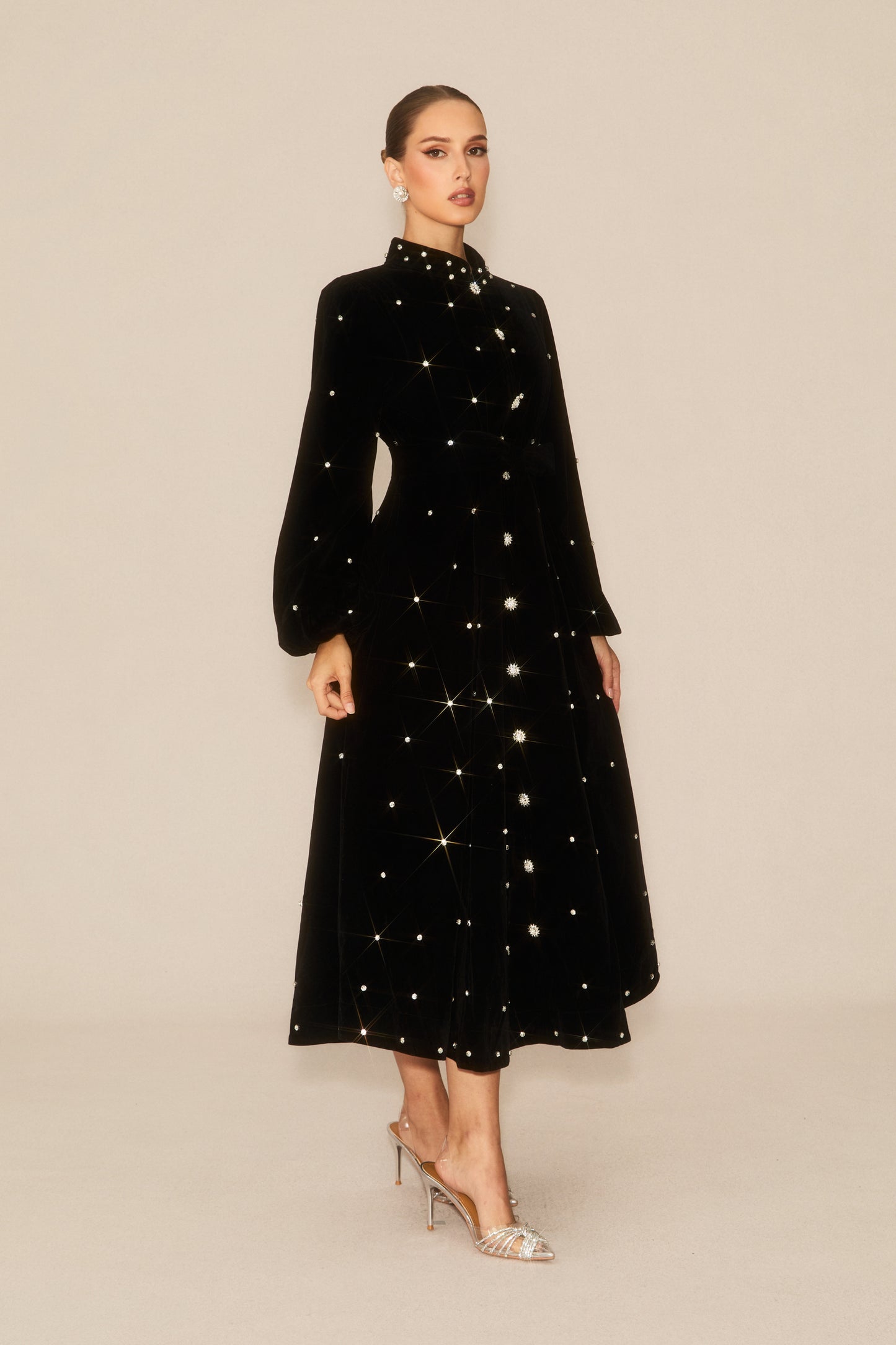 Luxe Possibilities Black Crystal Embellished Velvet Midi Dress