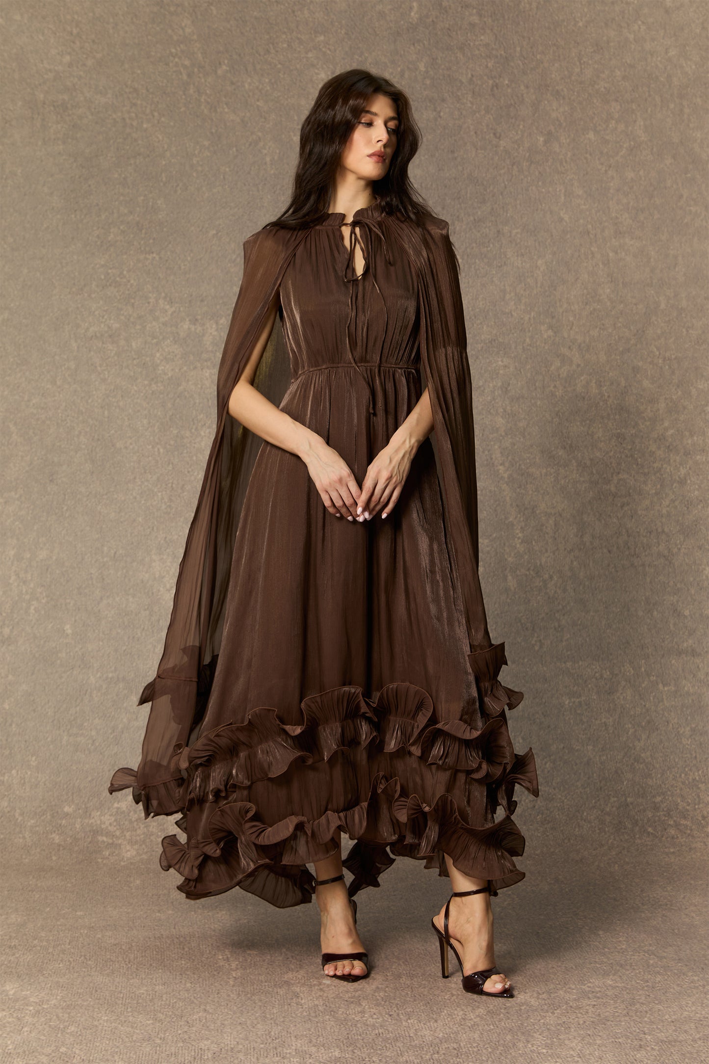 Shirley Cape-effect Ruffled Midi Dress