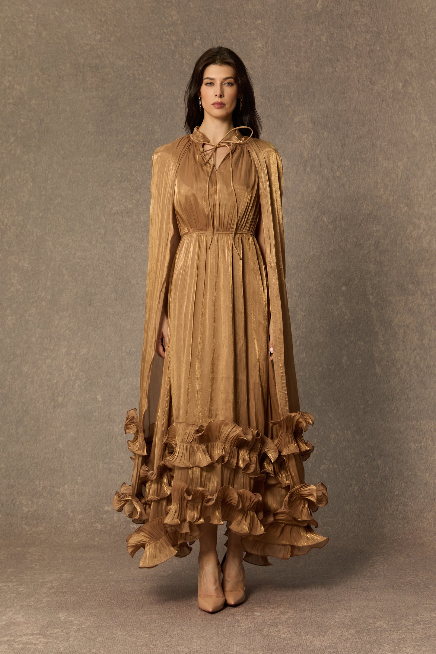 Shirley Cape-effect Ruffled Midi Dress