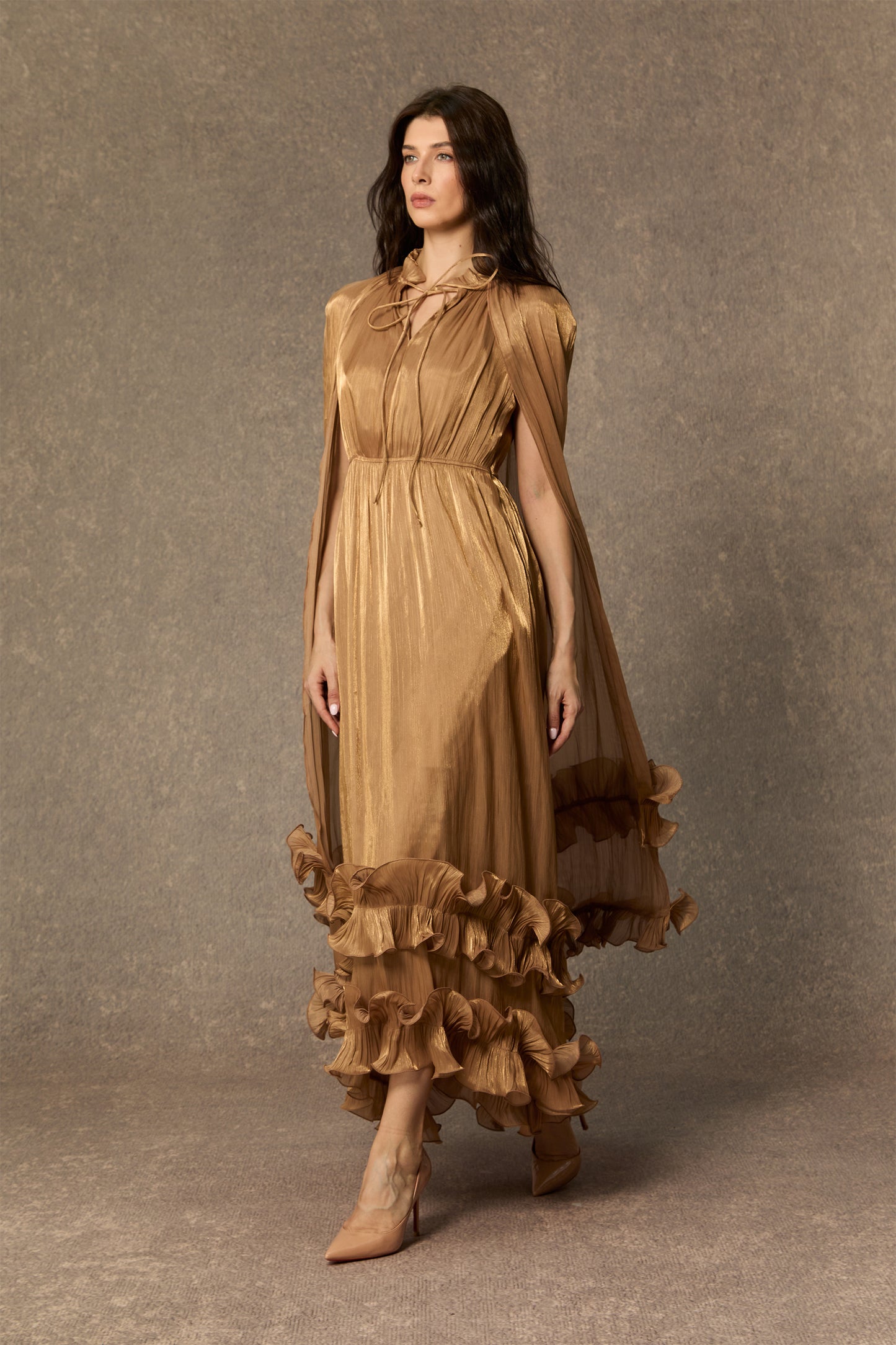 Shirley Cape-effect Ruffled Midi Dress