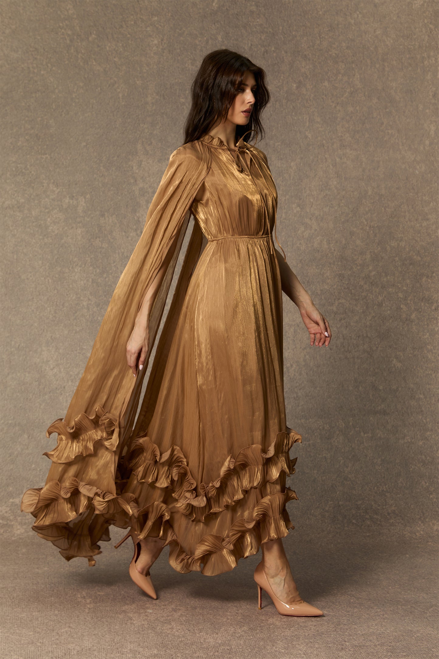 Shirley Cape-effect Ruffled Midi Dress