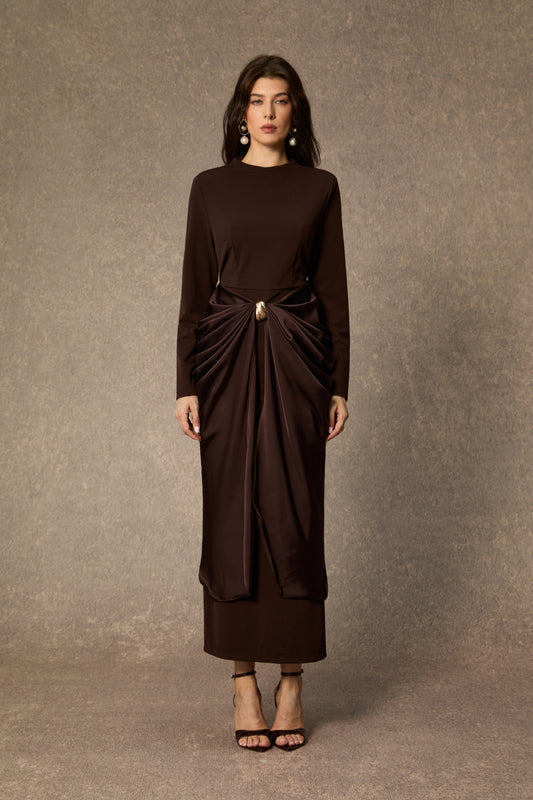 Refined Attitude Brown Metal Detail Draped Midi Dress