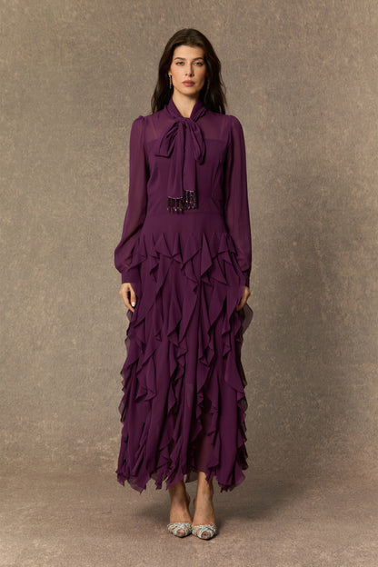 Ultimate Beauty Purple Bow Neck Tiered Ruffle Maxi Dress