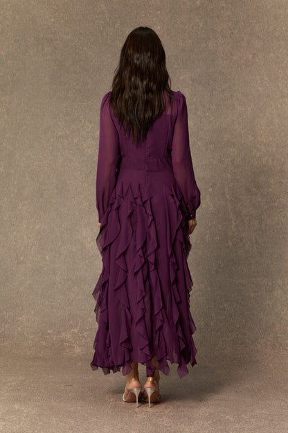 Ultimate Beauty Purple Bow Neck Tiered Ruffle Maxi Dress