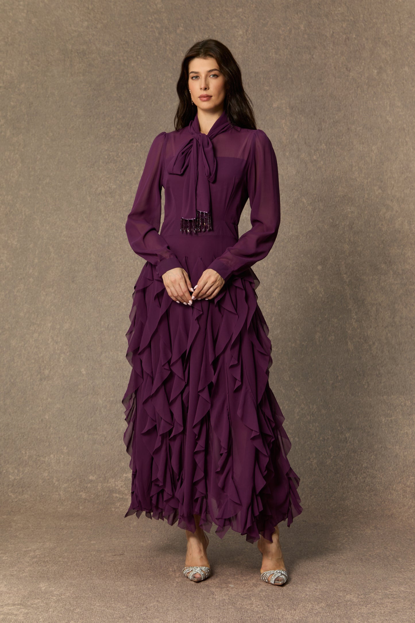 Ultimate Beauty Purple Bow Neck Tiered Ruffle Maxi Dress