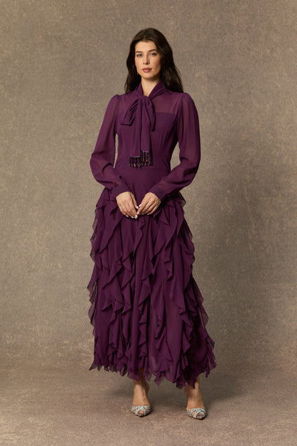Ultimate Beauty Purple Bow Neck Tiered Ruffle Maxi Dress