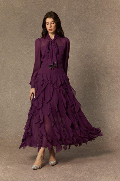 Ultimate Beauty Purple Bow Neck Tiered Ruffle Maxi Dress