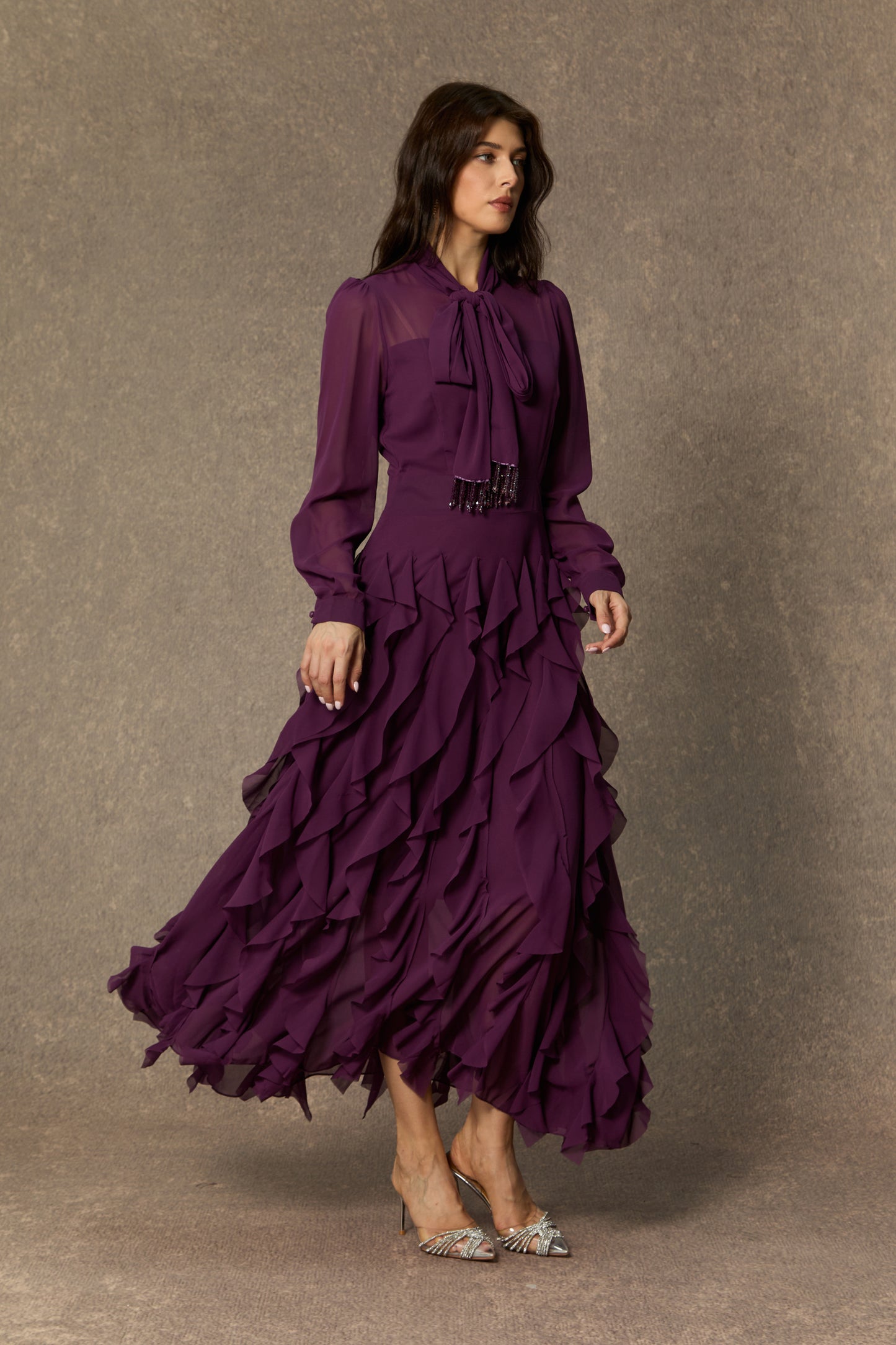 Ultimate Beauty Purple Bow Neck Tiered Ruffle Maxi Dress