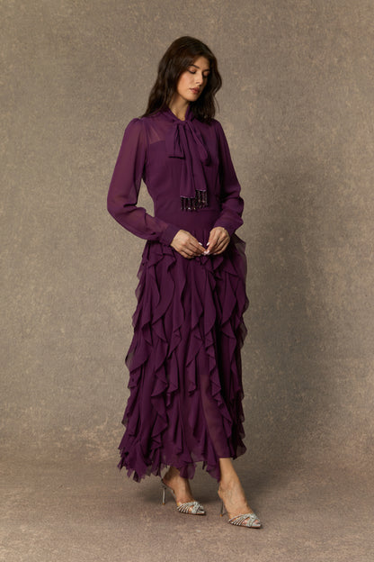 Ultimate Beauty Purple Bow Neck Tiered Ruffle Maxi Dress