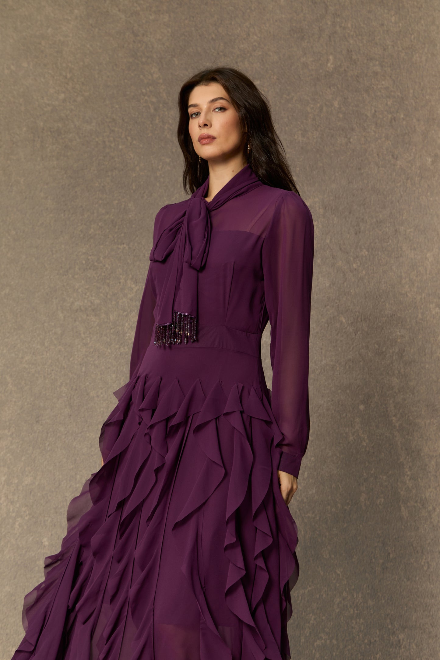 Ultimate Beauty Purple Bow Neck Tiered Ruffle Maxi Dress