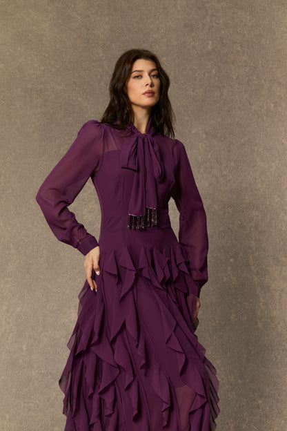 Ultimate Beauty Purple Bow Neck Tiered Ruffle Maxi Dress