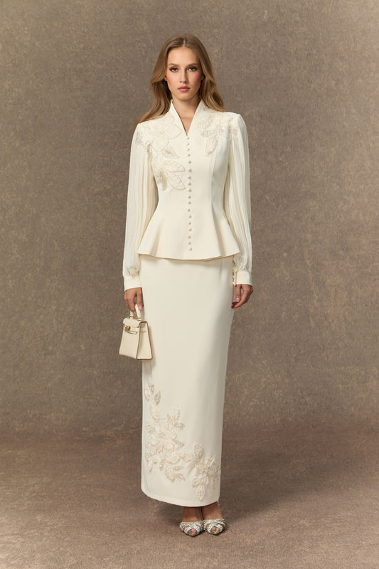 Dressed To Dazzle White Floral Embroidery Pleated Sleeve Skirt Set
