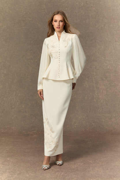 Dressed To Dazzle White Floral Embroidery Pleated Sleeve Skirt Set