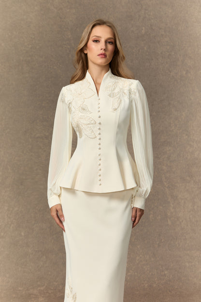 Dressed To Dazzle White Floral Embroidery Pleated Sleeve Skirt Set