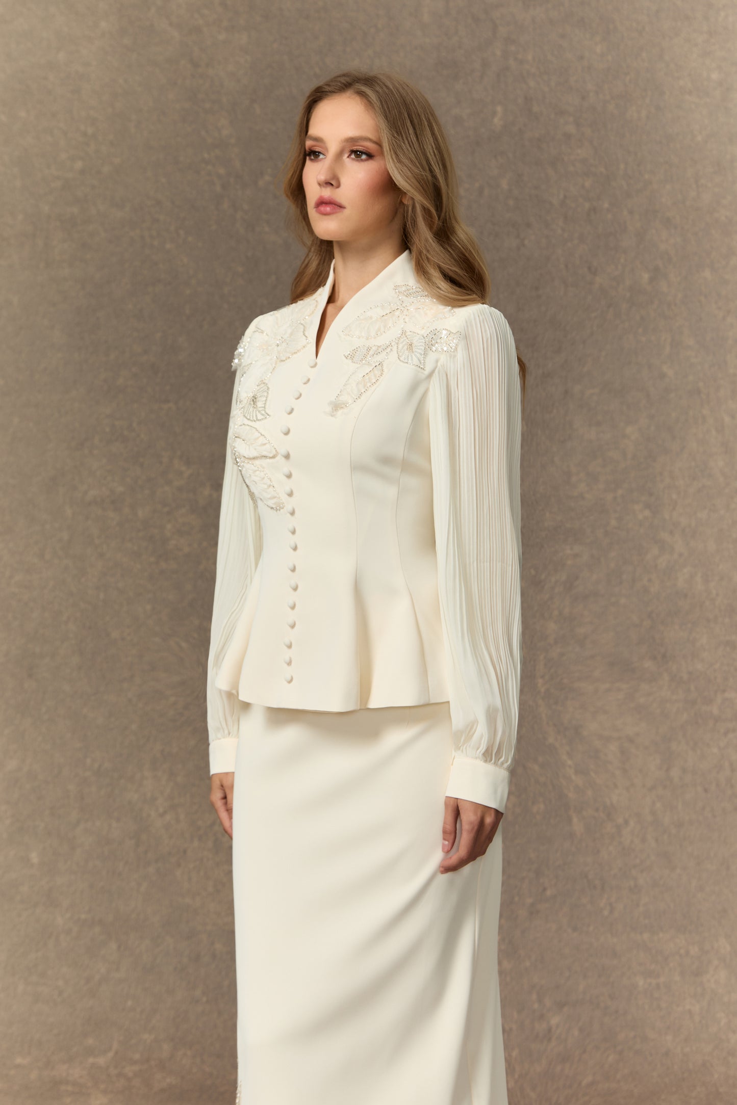 Dressed To Dazzle White Floral Embroidery Pleated Sleeve Skirt Set