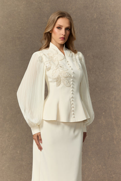 Dressed To Dazzle White Floral Embroidery Pleated Sleeve Skirt Set