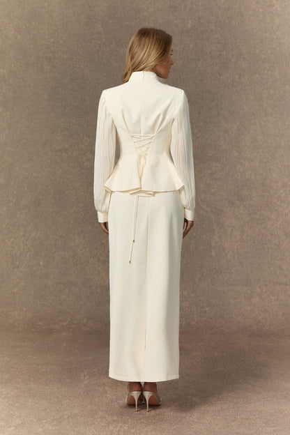 Dressed To Dazzle White Floral Embroidery Pleated Sleeve Skirt Set