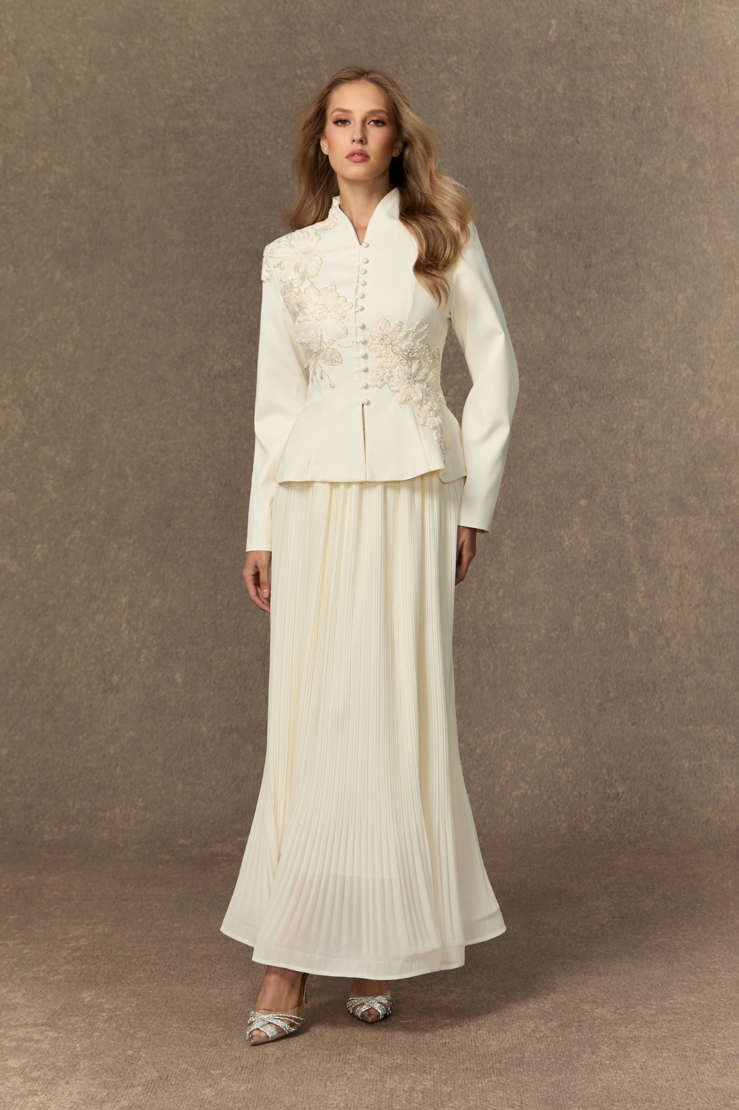 Graceful Arrival Black Lace Embroidered Jacket & Pleated Skirt Set