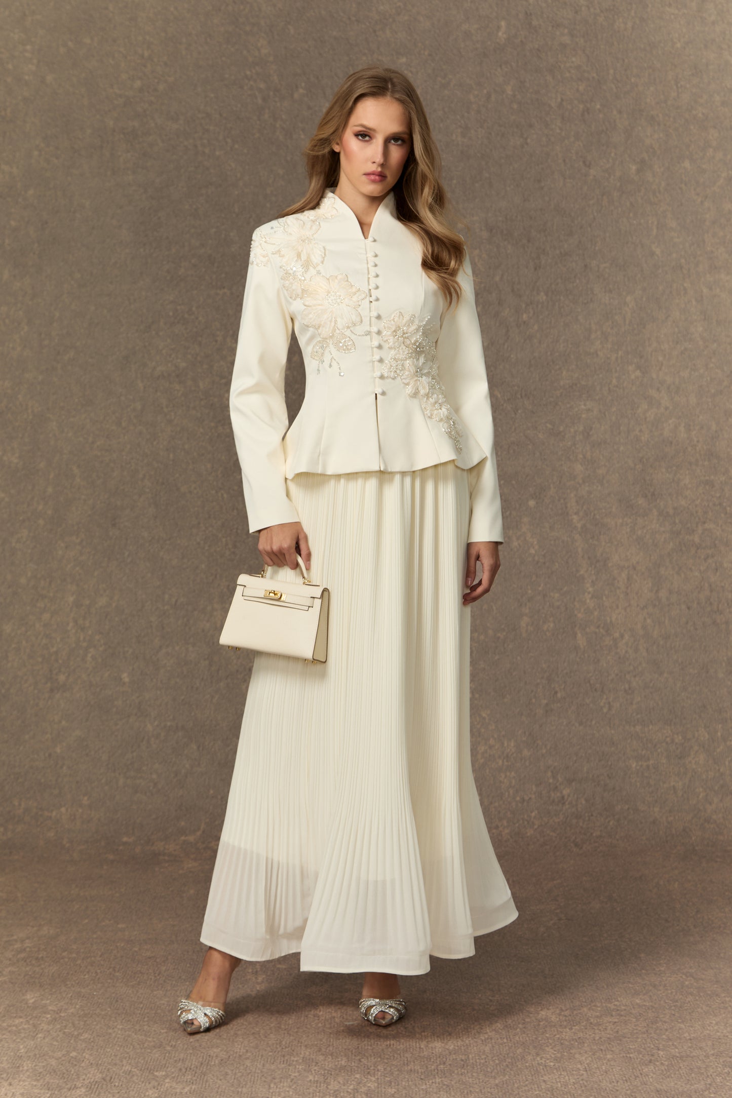 Graceful Arrival Black Lace Embroidered Jacket & Pleated Skirt Set