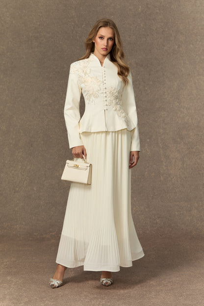 Graceful Arrival Black Lace Embroidered Jacket & Pleated Skirt Set