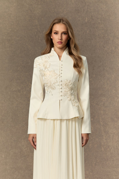 Graceful Arrival Black Lace Embroidered Jacket & Pleated Skirt Set