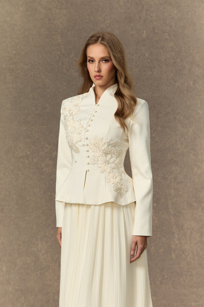 Graceful Arrival Black Lace Embroidered Jacket & Pleated Skirt Set
