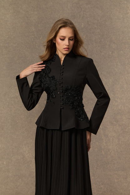 Graceful Arrival Black Lace Embroidered Jacket & Pleated Skirt Set