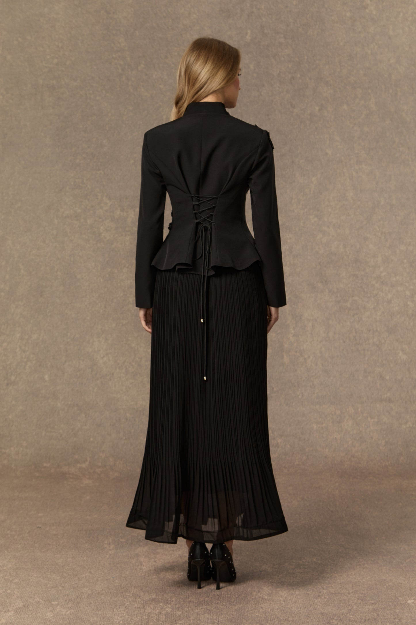 Graceful Arrival Black Lace Embroidered Jacket & Pleated Skirt Set