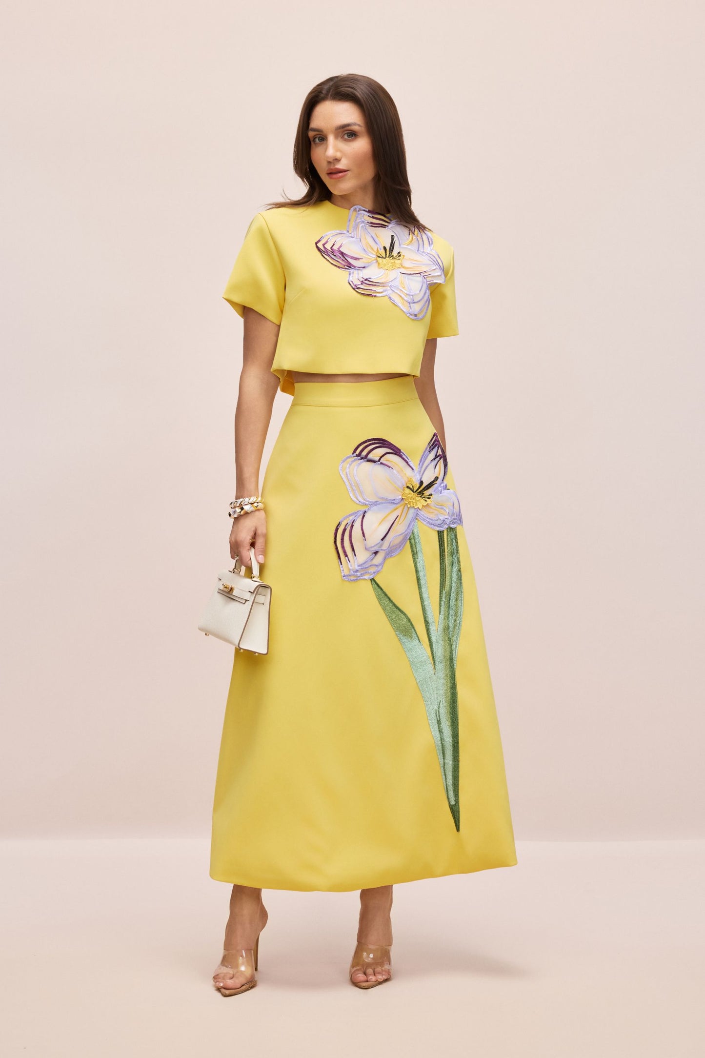 Angelica Floral Applique Short Sleeve Top & Skirt Set