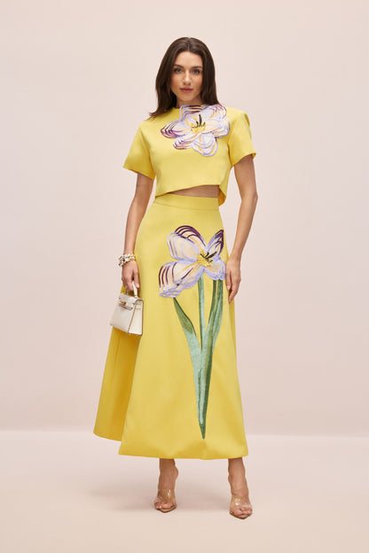 Angelica Floral Applique Short Sleeve Top & Skirt Set