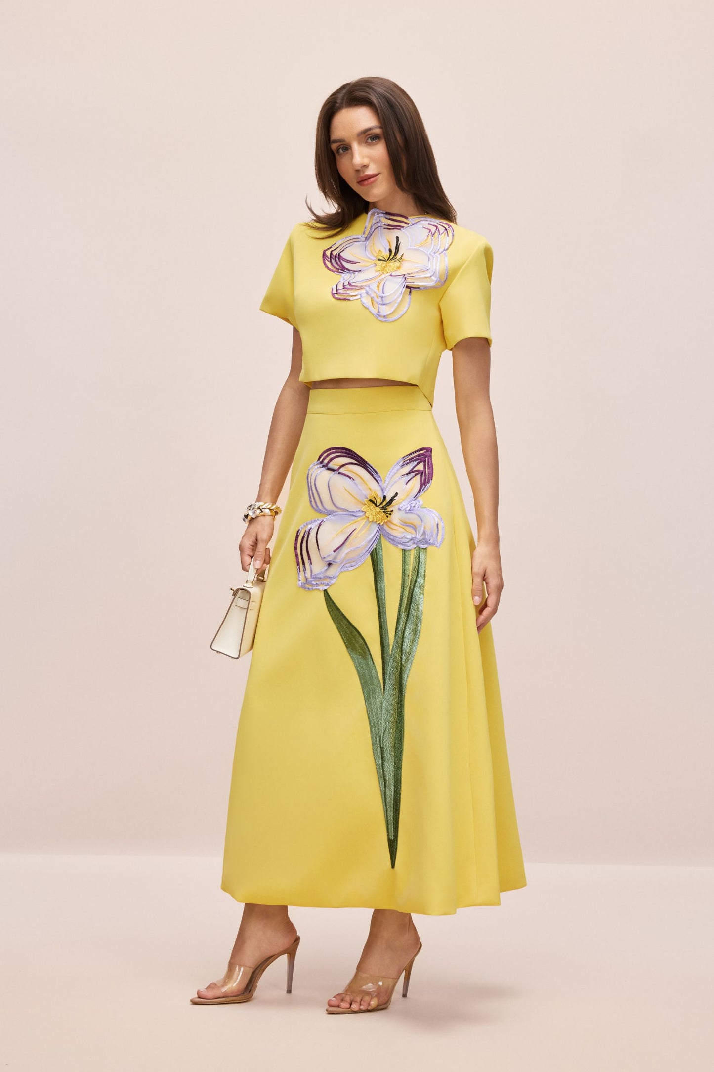 Angelica Floral Applique Short Sleeve Top & Skirt Set