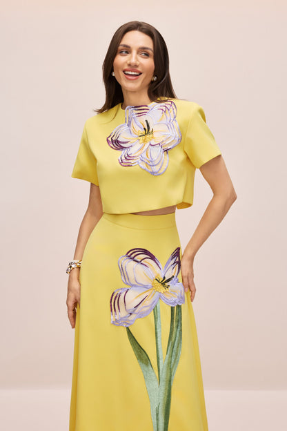 Angelica Floral Applique Short Sleeve Top & Skirt Set