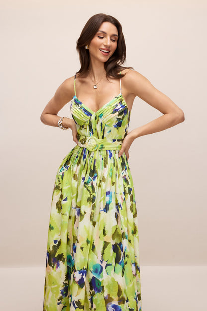 Zora Abstract Print Pleated Maxi Dress