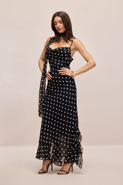 Veronica Polka Dot Ruffle Trim Maxi Dress with Scarf