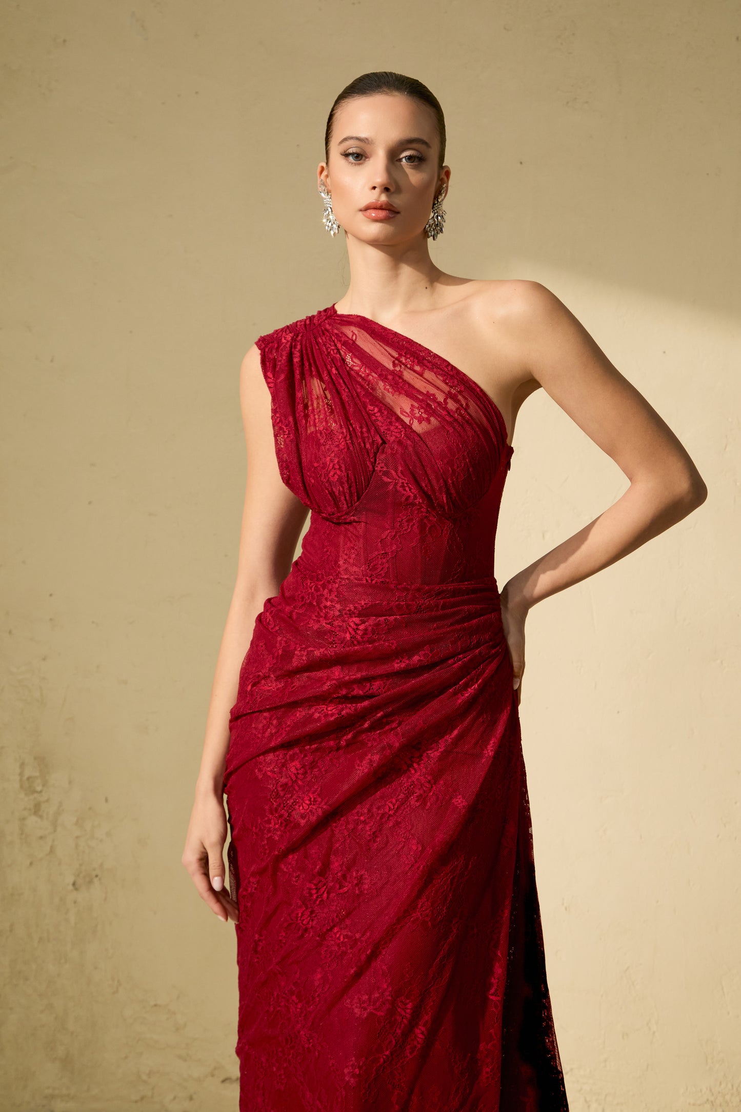 Quite Perfect Red One-Shoulder Lace Corset Maxi Dress