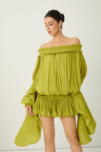 Want The Best Green Off Shoulder Ruffle Mini Dress