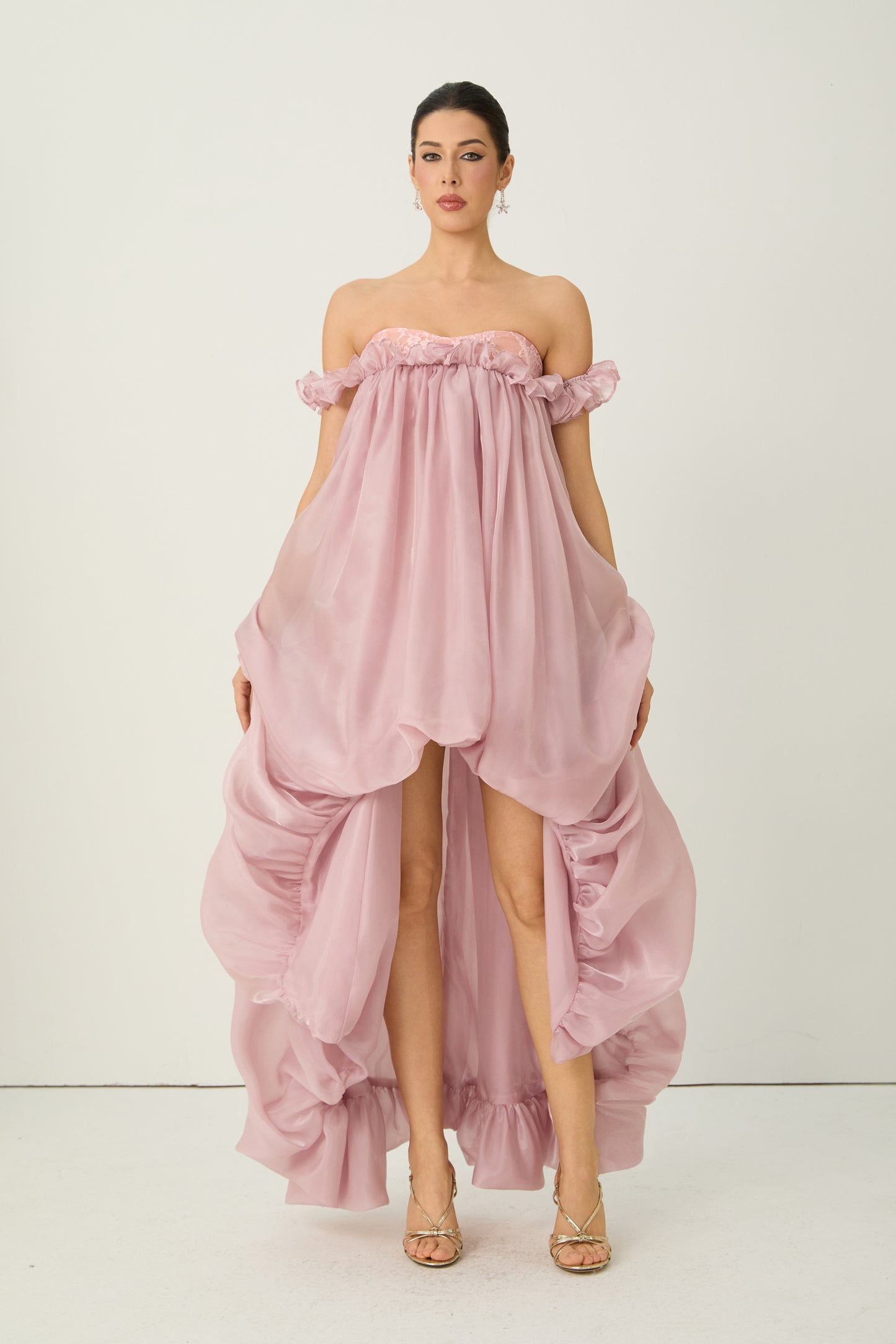 Endlessly Darling Pink Off Shoulder High Low Ruffle Maxi Dress