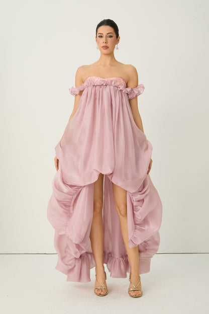 Endlessly Darling Pink Off Shoulder High Low Ruffle Maxi Dress