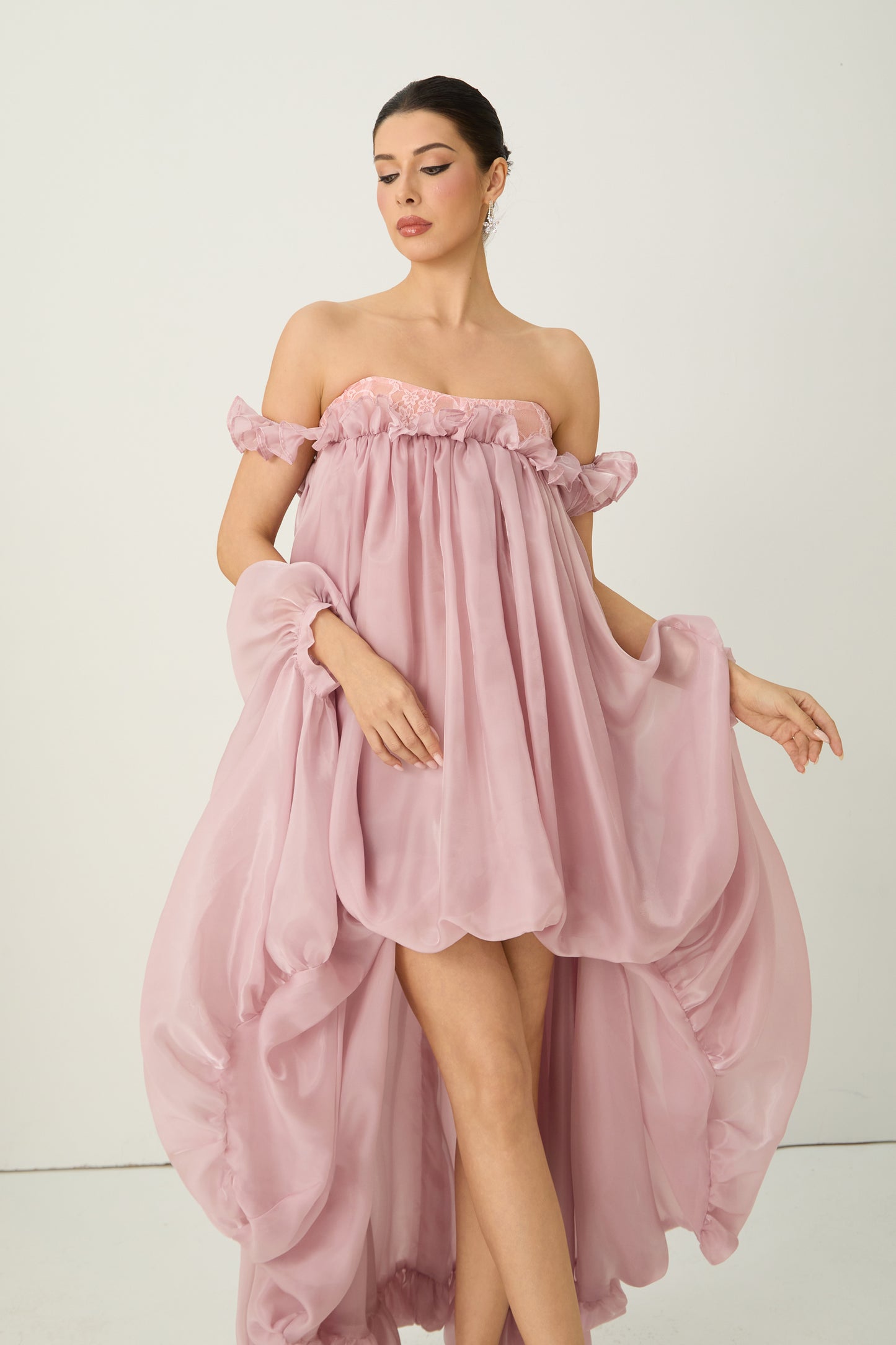 Endlessly Darling Pink Off Shoulder High Low Ruffle Maxi Dress