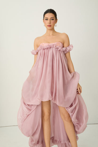Endlessly Darling Pink Off Shoulder High Low Ruffle Maxi Dress