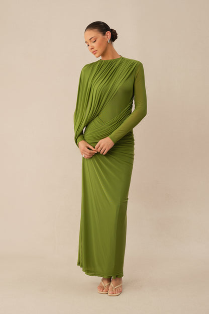 Swan Song High Neck Asymmetric Drape Maxi Dress