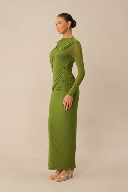 Swan Song High Neck Asymmetric Drape Maxi Dress