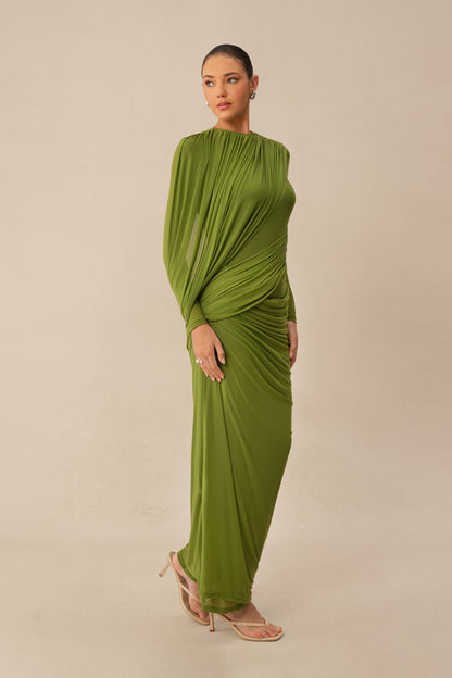 Swan Song High Neck Asymmetric Drape Maxi Dress