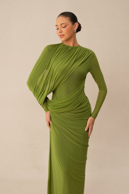 Swan Song High Neck Asymmetric Drape Maxi Dress