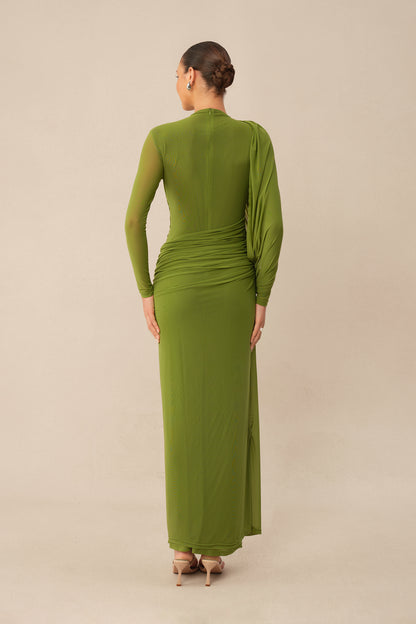 Swan Song High Neck Asymmetric Drape Maxi Dress