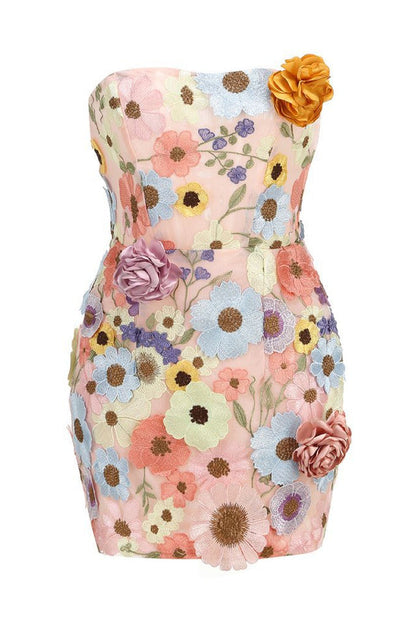 Floral 3D Embroidery Tube Mini Dress